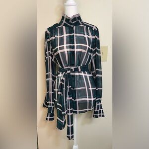 Cabi Women’s Cake Ruffle Blouse Green/ Beige Coquette Plaid Sheer Size Medium.